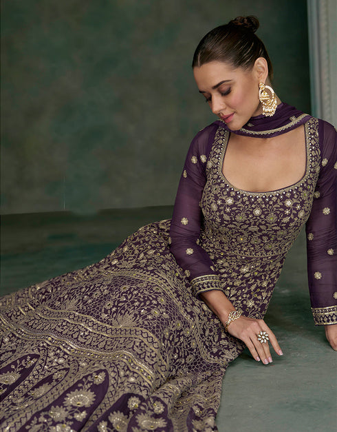 Traditional Function Wear Readymade Real Gerogette Suit Collection Purple Real Gerogette Gown Back View